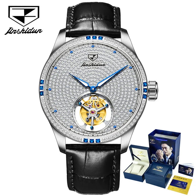 JSDUN Fully Diamond Tourbillon Automatic Watch for Men Genuine Leather Strap Sapphire Mirror Luxury Mechanical Man Wrist Watches