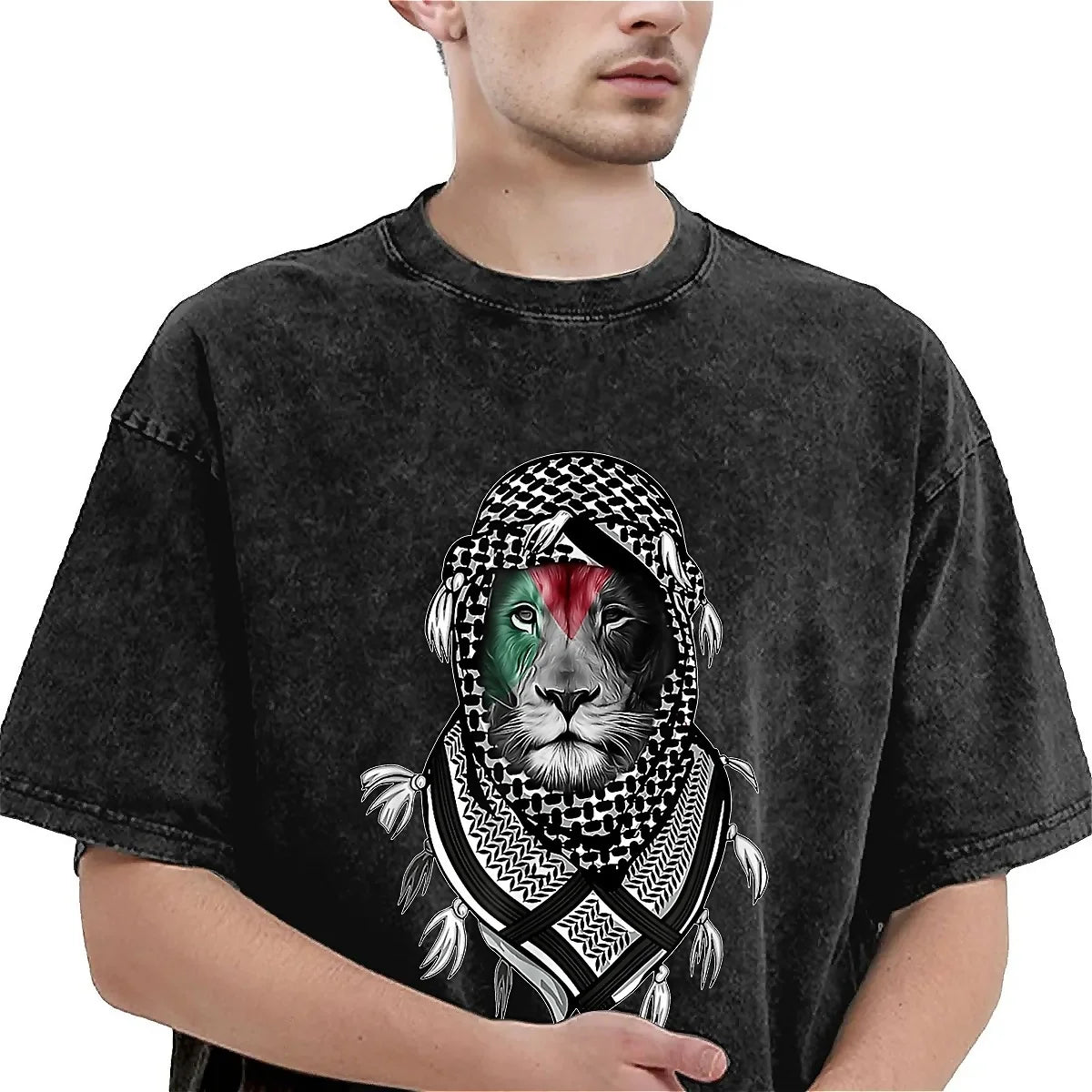 Men's T Shirt Palestinian Lion Washed T-Shirts Popular Palestine Flag Summer Tees Aesthetic Custom Logo Casual Clothes Plus Size