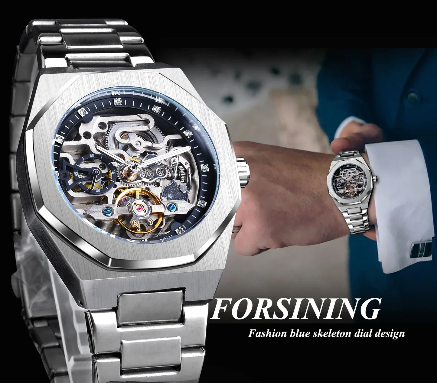 Forsining Casual Automatikuhr 3D Diamant Skelett Hohl Herren Armbanduhren Leuchtende Militäruhren Tourbillon Montre Homme