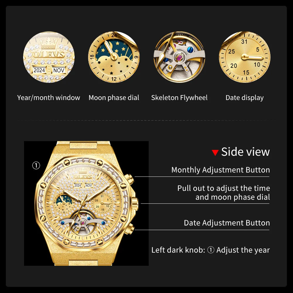 OLEVS Diamond Automatic Men's Watches Sanding Steel Strap Skeleton Flywheel Mechanical Wristwatch Moon phase Chrono Luxury Watch