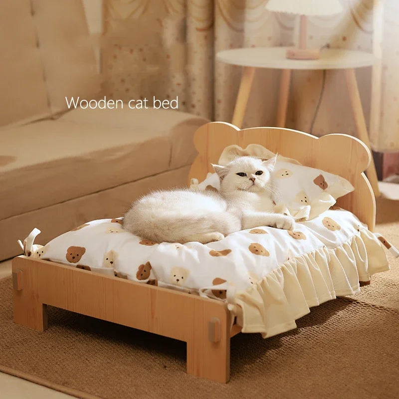 Wood Cat Bed Sofa Dog Bed With Teddy Bear Pattern Indoor Pet Furniture Floor To Ceiling Bed(20*11inch)Comfortable Durable