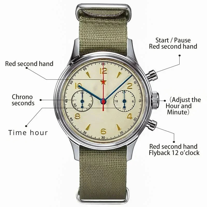 Men's 1963 Pilot Watch 42mm Waterproof Retro Quartz Chronograph Stainless Steel Leather Strap Sports Fashion Wristwatch For Men