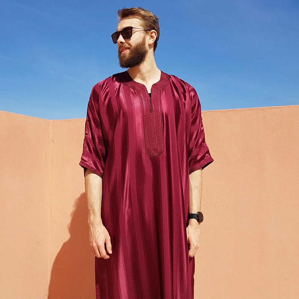 2024 New Men Muslim Abaya Islamic Clothing Men's Embroidered Striped Jubba Thobe Moroccan Dubai Kaftan Eid Prayer Robe Dress