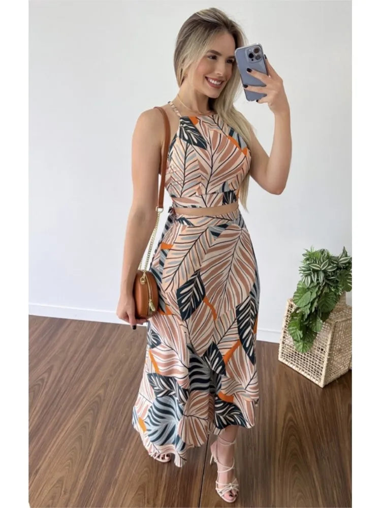 Women's Summer Vacation suit Leisure Print Hanging Strap Neck Top Tie up Half Skirt Beach Style Women's Elegant Two Piece Set