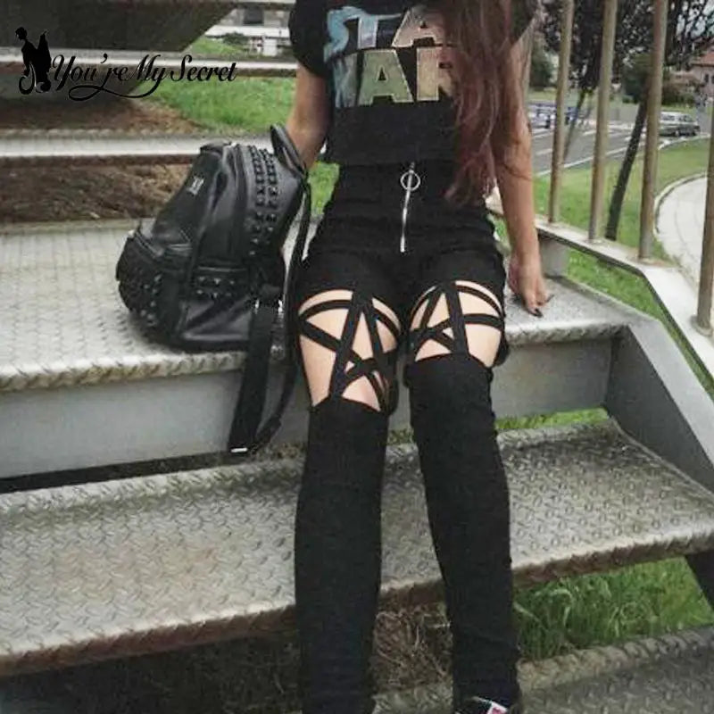 [You're My Secret] Hollow Out Pants Goth Sexy Pentagram Y2K Harajuku Grunge Black High Waist Elastic Trousers Punk Zipper Pants