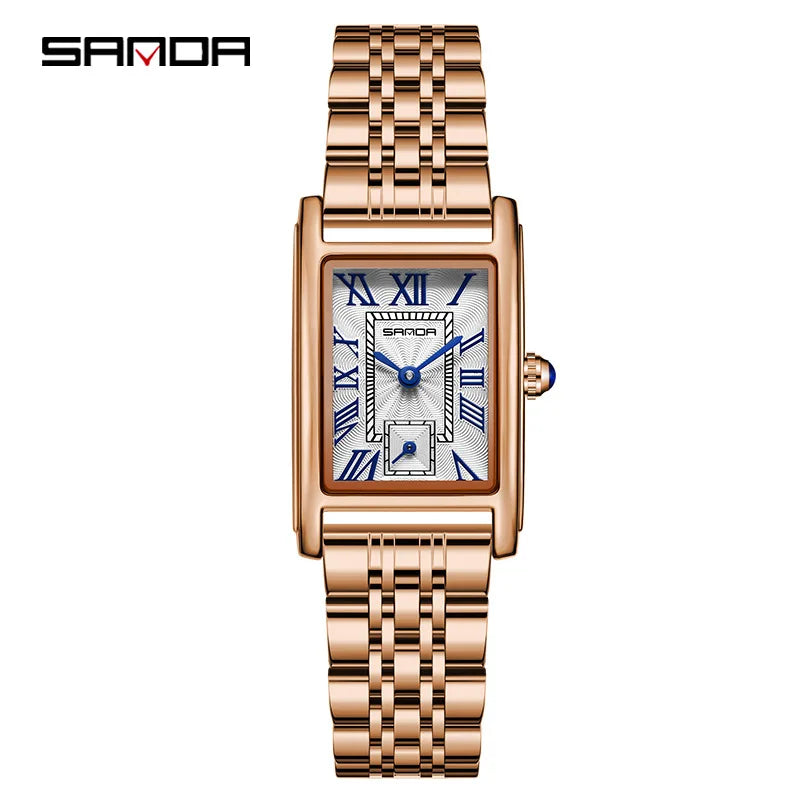 SANDA 1116 Quartz Watch Women Elegant Design Watches Rectangle Dial Waterproof Steel Leather Business Ladies Wristwatches Gift