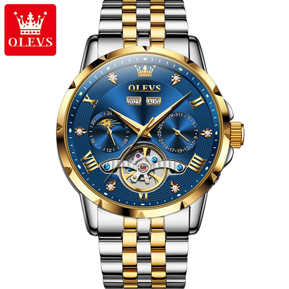 OLEVS 6691 Men's Automatic Mechanical Wristwatch Luxury Skeleton Flywheel Design Moon Phase Waterproof Original Brand Man Watch