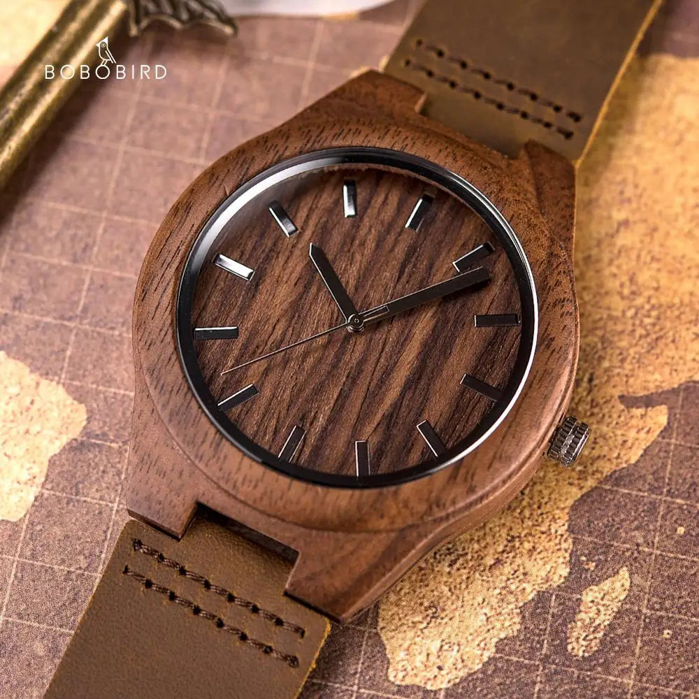 BOBO BIRD Mens Wood Watch Handmade Lightweight Minimalist Walnut Wooden Watches with Genuine Leather Personalized Gift