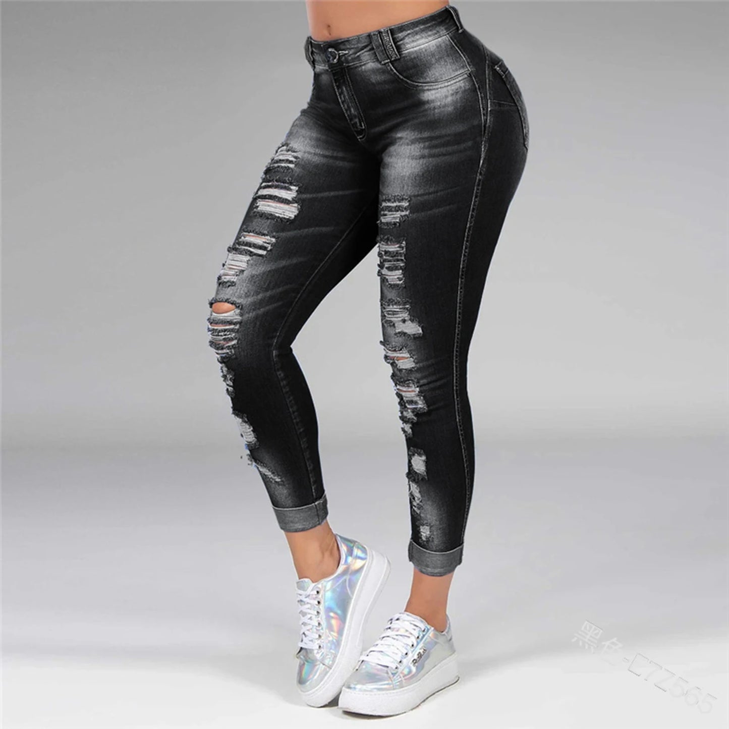 Women Fashion Hip Hop Broken Holes Denim Jeans Cord Ripped Pencil Pants