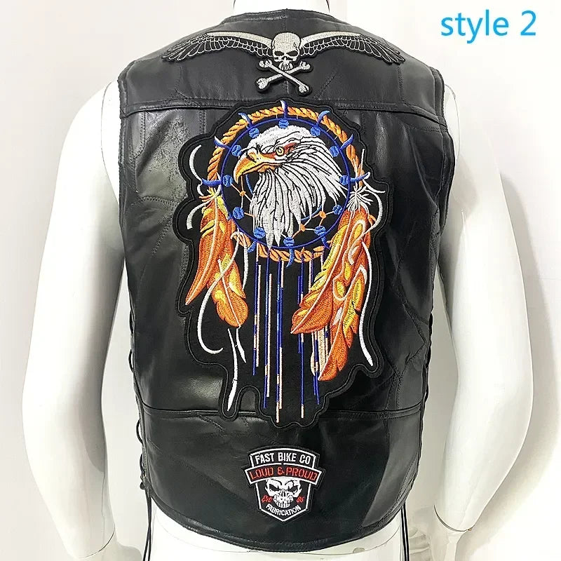 Motorcycle Leather Vest Embroidered Patch Moto Sleeveless Jacket Cycling Casual Street Vest Motorcycle Club Punk Vest