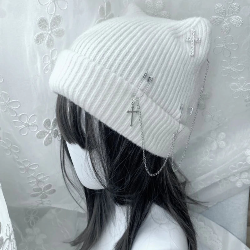 Handwoven Beanie Caps for Female Winter Warm Knitted Hat Y2K Devil Horn Hat for Teens Girl Fashion Anime Hat Headwear