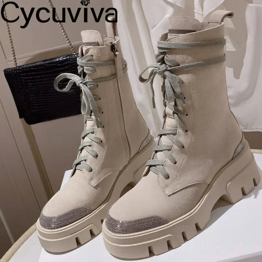 Autumn New Thick Sole Platform Chelsea Boots Women Rice White Suede Lace Up Mid Calf Short Boots Chunky Flat Heel Knight Boots