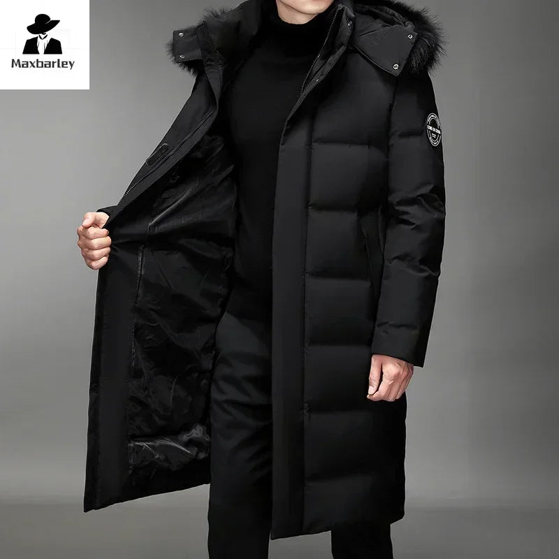 Luxury Long Down Jacket Men's Winter Korean Style Detachable Fur Collar Cap White Duck Down Warm Coat Brand Lightweight Parka