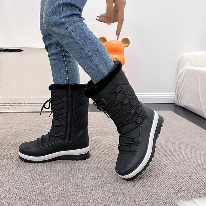 Winter Round Toe Flat Bottom Cross Strap Fashionable Women's Shoes Plus Velvet To Keep Warm New Snow Boots Chaussure Femme