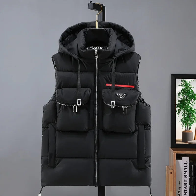 New in Padded Vest Men Winter Hooded Zip-up Turtleneck Sleeveless Jacket Male Cotton Down Autumn Warm Pocket Work Wear Waistcoat