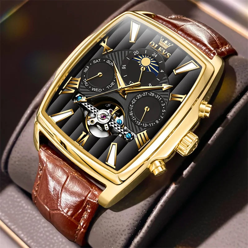 OLEVS Luxury Rectangular Dial Mechanical Watches Waterproof Leather Automatic Luminous Watch Business Men relogios masculino