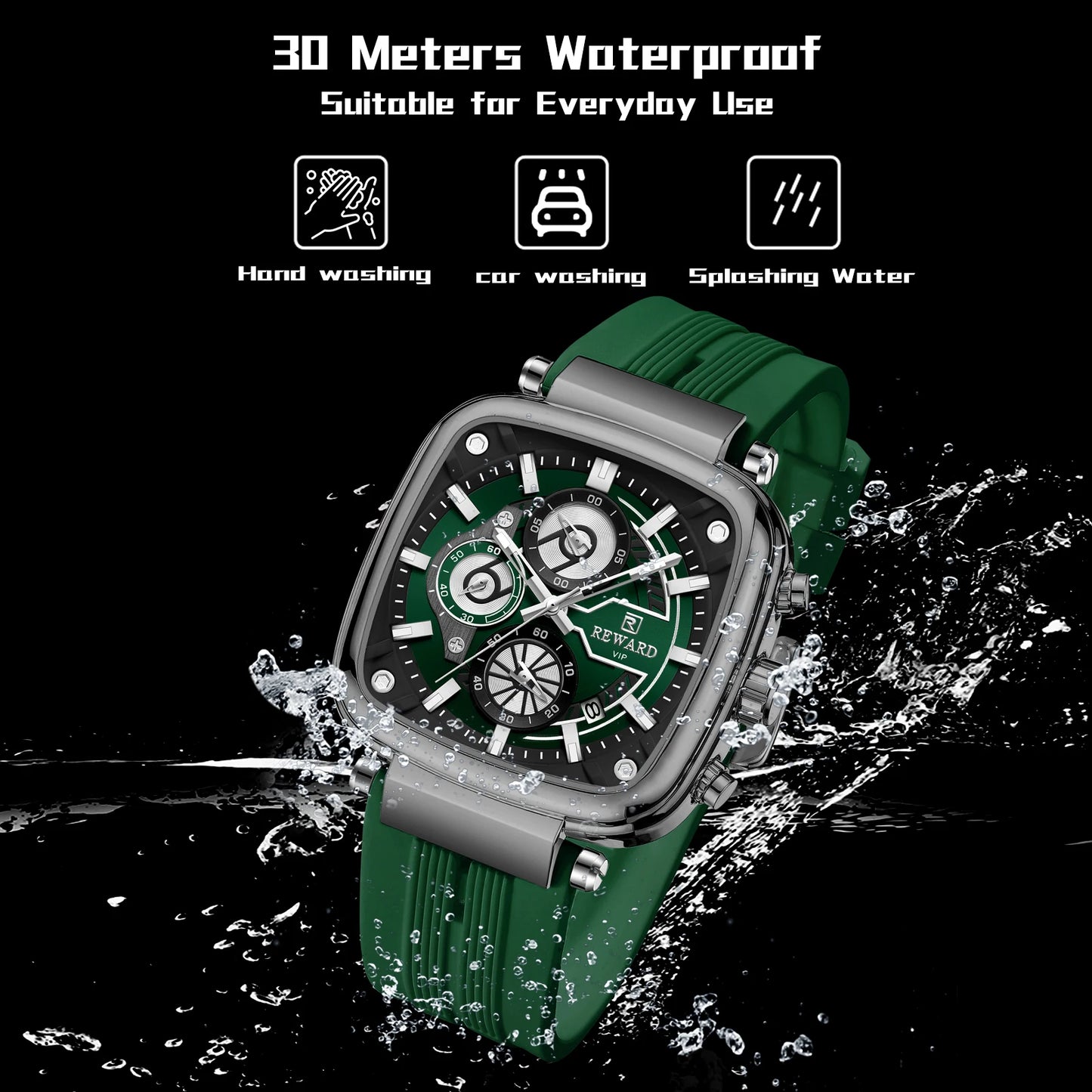 REWARD hottest square men's watch silicone band calendar chronograph fashion sport quartz watch men