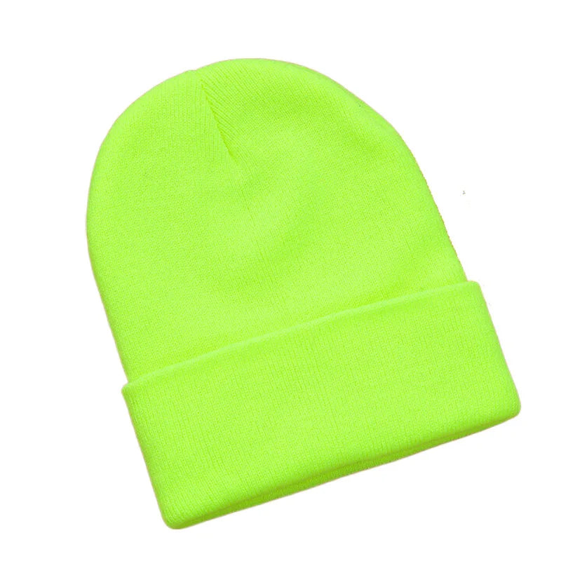 Men Women Cuffed Plain Beanie Knitted Hat Bright Winter Skullies Neon Yellow Orange White Black Pink Blue Red Grey