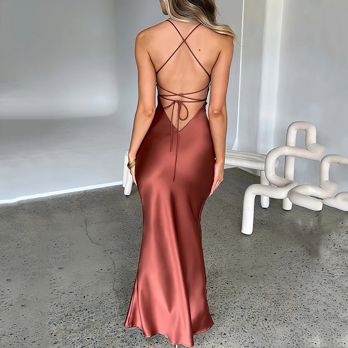 Summer Long Dress Women Evening Dresses Fashion Sexy Club Party Dresses Suspender Satin Dress Backless Strappy Waist Long Skirt