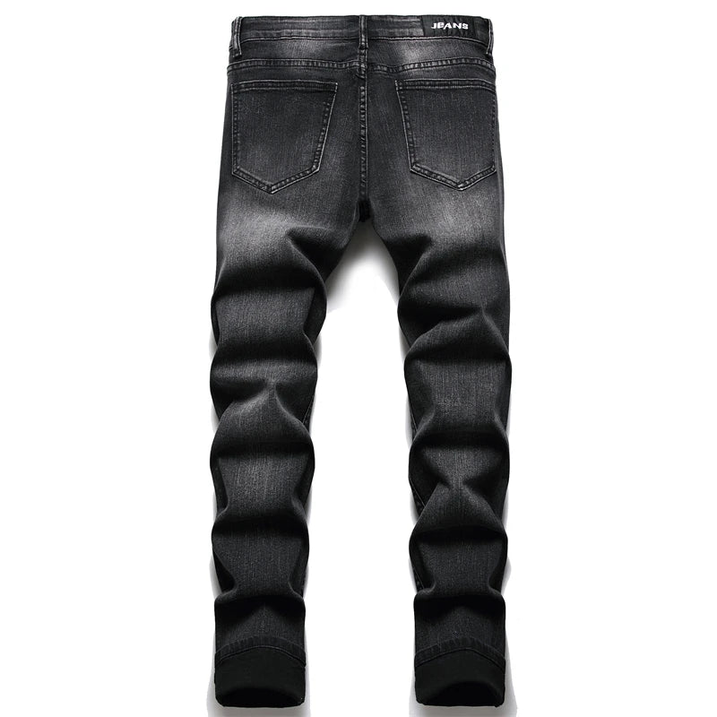 Men Cracked Blue Pleated Patch Biker Jeans Streetwear Holes Ripped Distressed Patchwork Stretch Denim Pants Slim Skinny Trousers