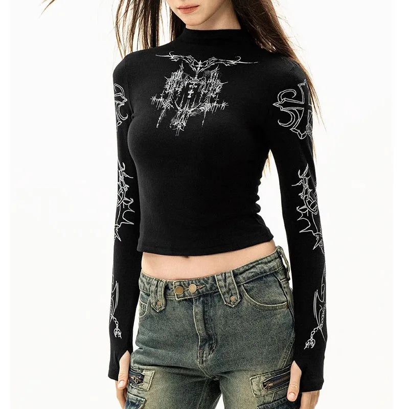 Women T-Shirt Y2k Black Vintage Clothes Half high neck Tees Grunge Fashion Gothic Graphic Streetwear Long Sleeve Crop Tops EMO