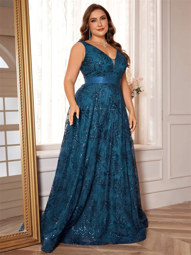 XUIBOL Plus Size Luxury Sexy Deep V-Neck Sequins Blue Evening Dress Women Elegant V-back Wedding Party Long Prom Cocktail Dress