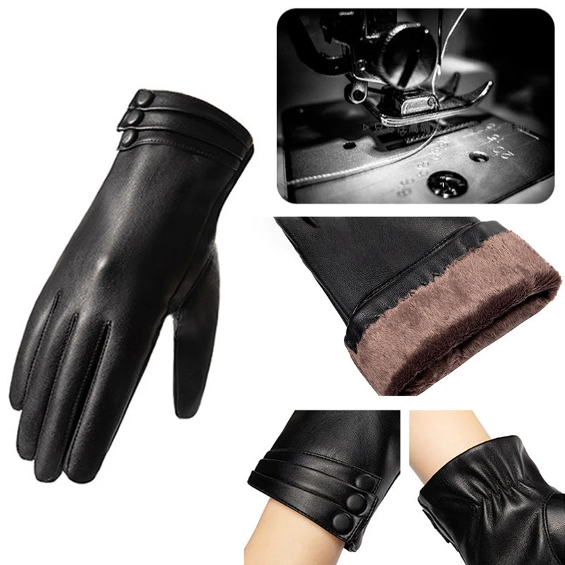 Gloves Women's Winter Outdoor Fashion Comfortable Warm Glove Plush Touch Screen Driving PU Leather Gloves