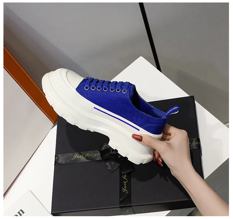 2024 Spring New Women'shoes Lace Up Sports and Leisure  Men's Shoes Thick Bottom Waterproof Platform Soft  Elevated Canvas Flat