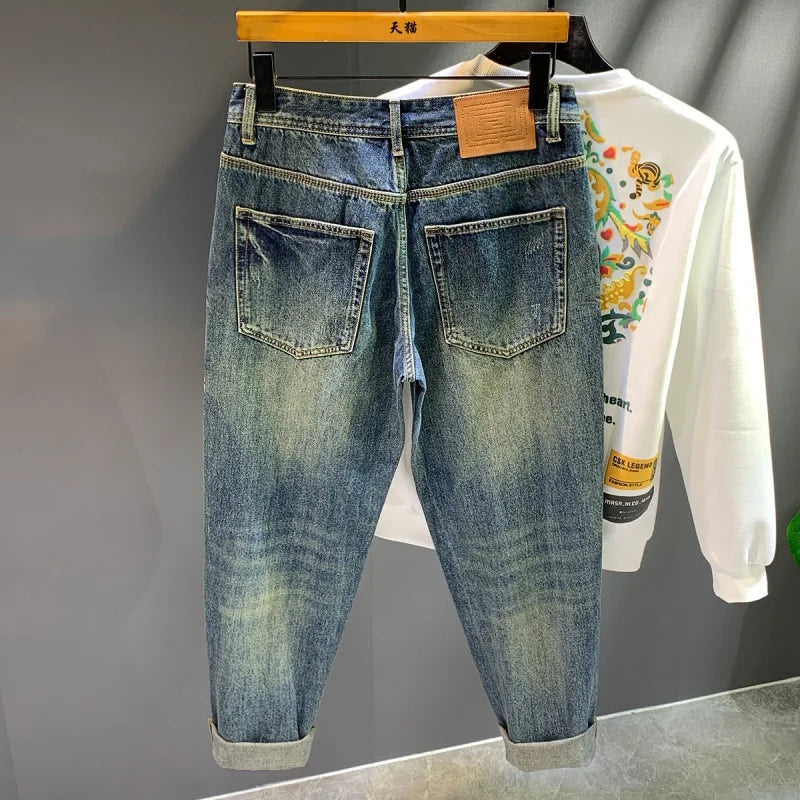 High Street Trendy Brand Retro Distressed Loose Harlan Jeans Men'S Spring And Autumn New Personalized Trendy Patch Long Pants Me