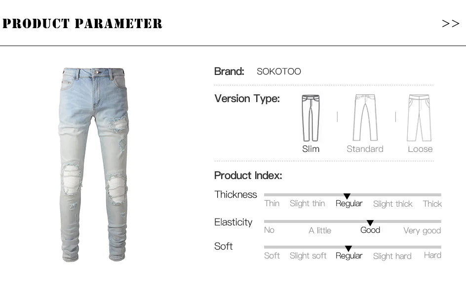 Men Pale Light Blue Biker Jeans Cracked Pleated Patch Patchwork Stretch Denim Pants Streetwear Holes Ripped Skinny Trousers