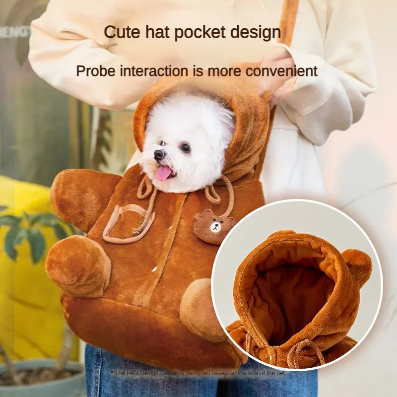 PUPCA Dog Bag Walking Bag Little Bear Crossbody Bag with Dog Portable Outdoor Warm and Windproof Cute One Shoulder Cat Bag