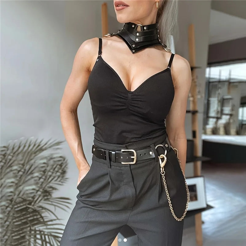 Vintage Goth Punk Faux Leather Necklace Unisex Adjustable O Ring Bow Tie Y2K Style Clavicle Chain