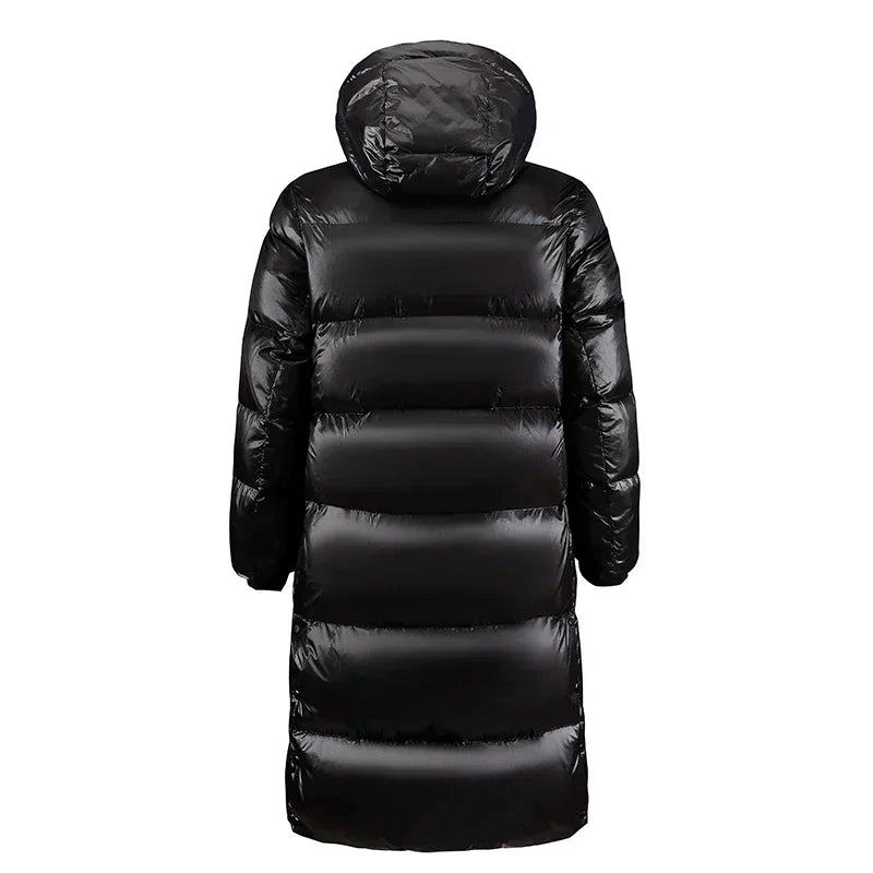 Herren Winter Daunenjacke mit Kapuze High-End Schwarz Gold glänzend Ultraleichter weißer Entendaunenmantel Mode Langes Paar Warm Gefütterter Mantel