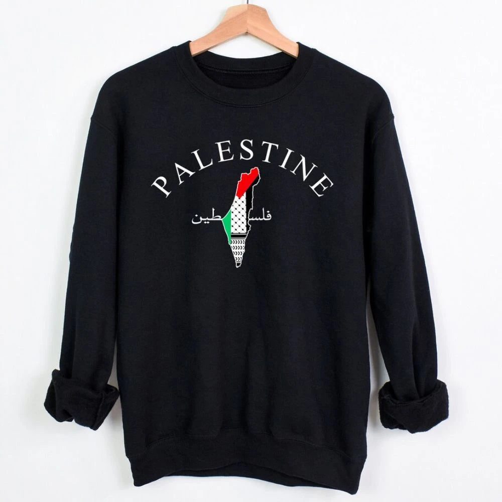 Palestine Map Sweatshirt Palestinian Arabic Name Printed Sweater Palestinian Adult Pullover Palestinian Crewneck Sweatshirt