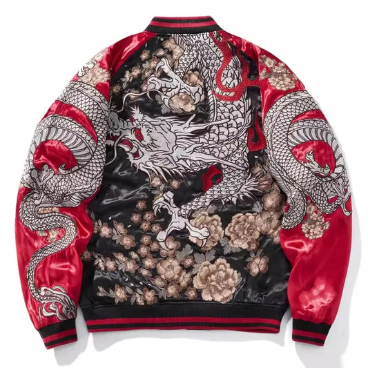 New Red Black Reversible double-sided High Street Dragon Sakura Embroidered Sukajan Souvenir Jacket Streetwear Vintage Coats