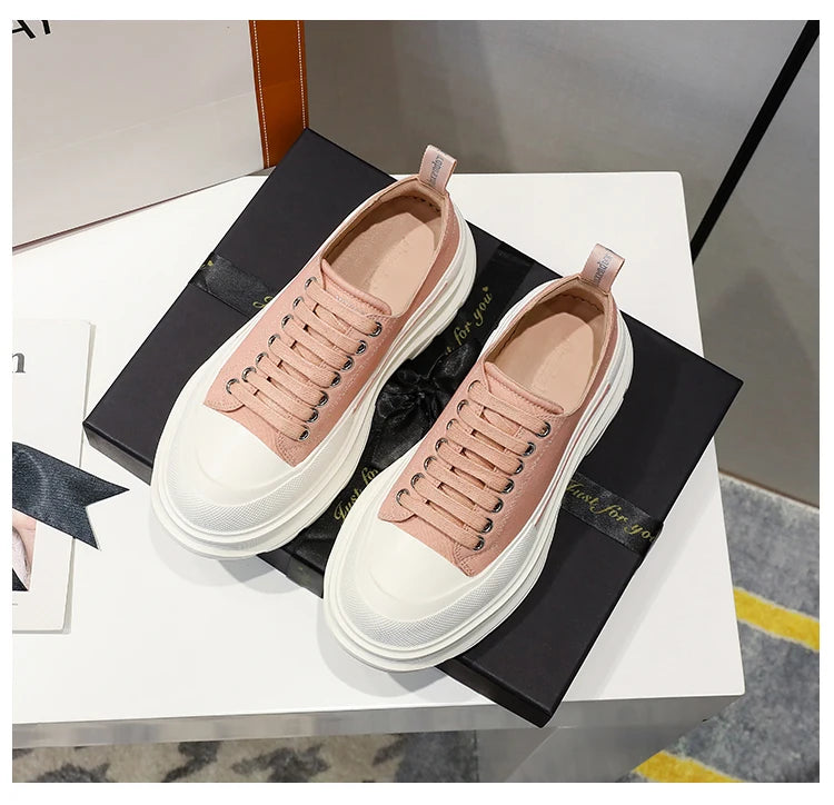 2024 Spring New Women'shoes Lace Up Sports and Leisure  Men's Shoes Thick Bottom Waterproof Platform Soft  Elevated Canvas Flat