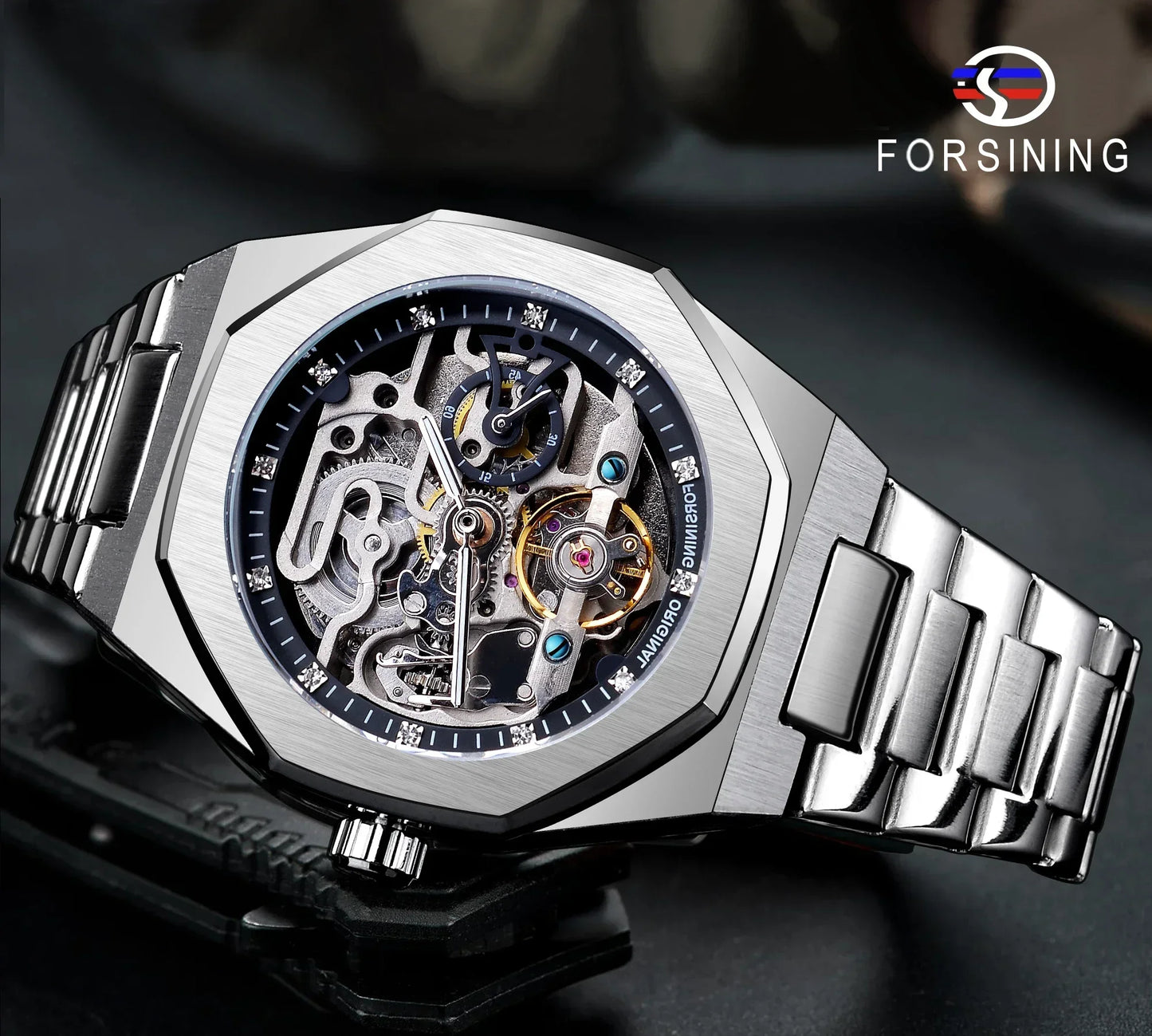 Forsining Casual Automatikuhr 3D Diamant Skelett Hohl Herren Armbanduhren Leuchtende Militäruhren Tourbillon Montre Homme