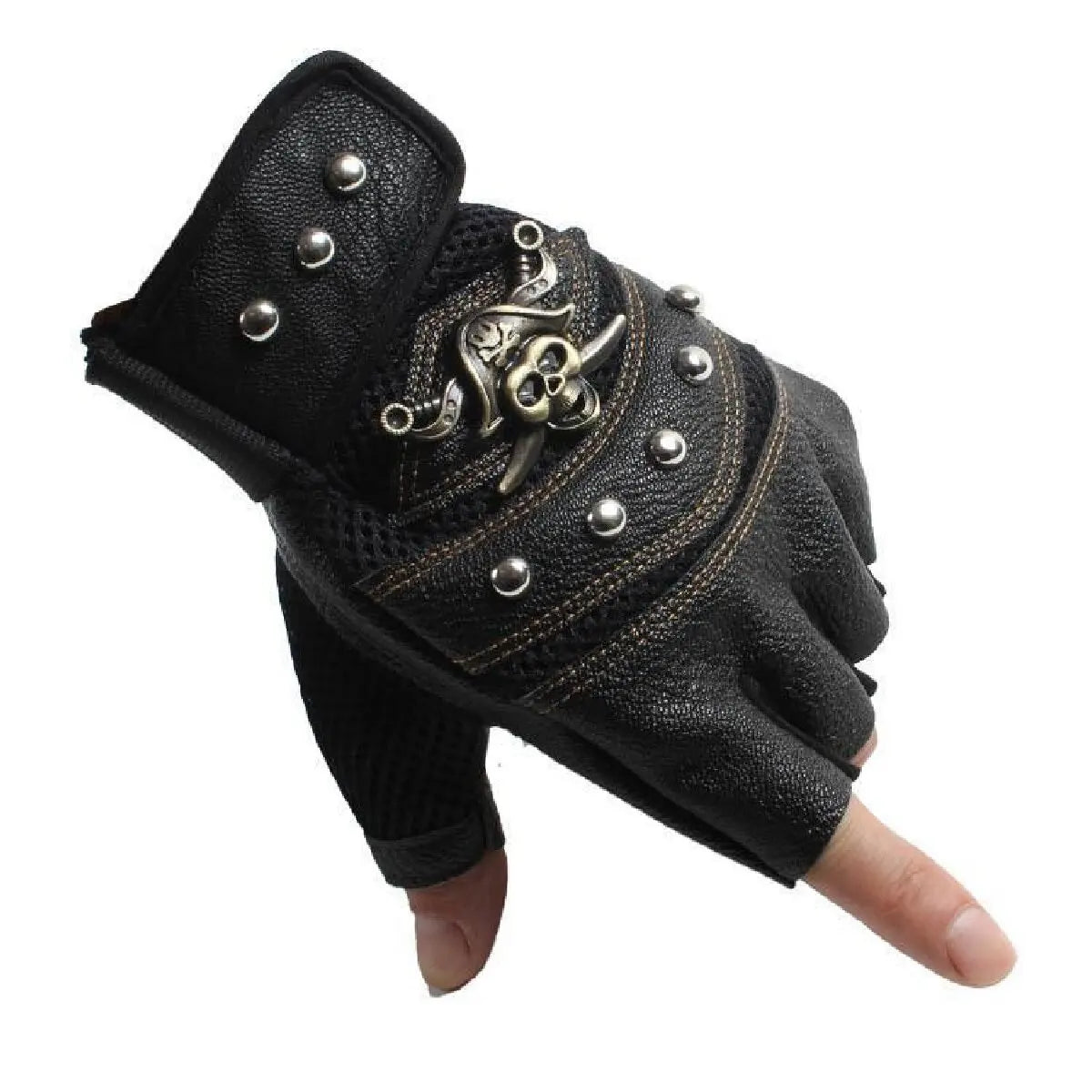 Pirate Captain PU Leather Fingerless Gloves Men Women Skulls Rivet Mitts Hip Hop Gym Gloves Female Moto Half Finger Gloves