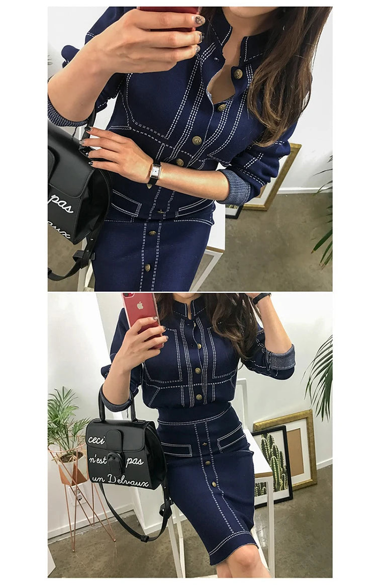 Fashion Korean 2 Pieces Outfits Women Elegant Formal Casual Coat Tops Sweater Jackets High Waist Bodycon Midi Skirt Sets Work