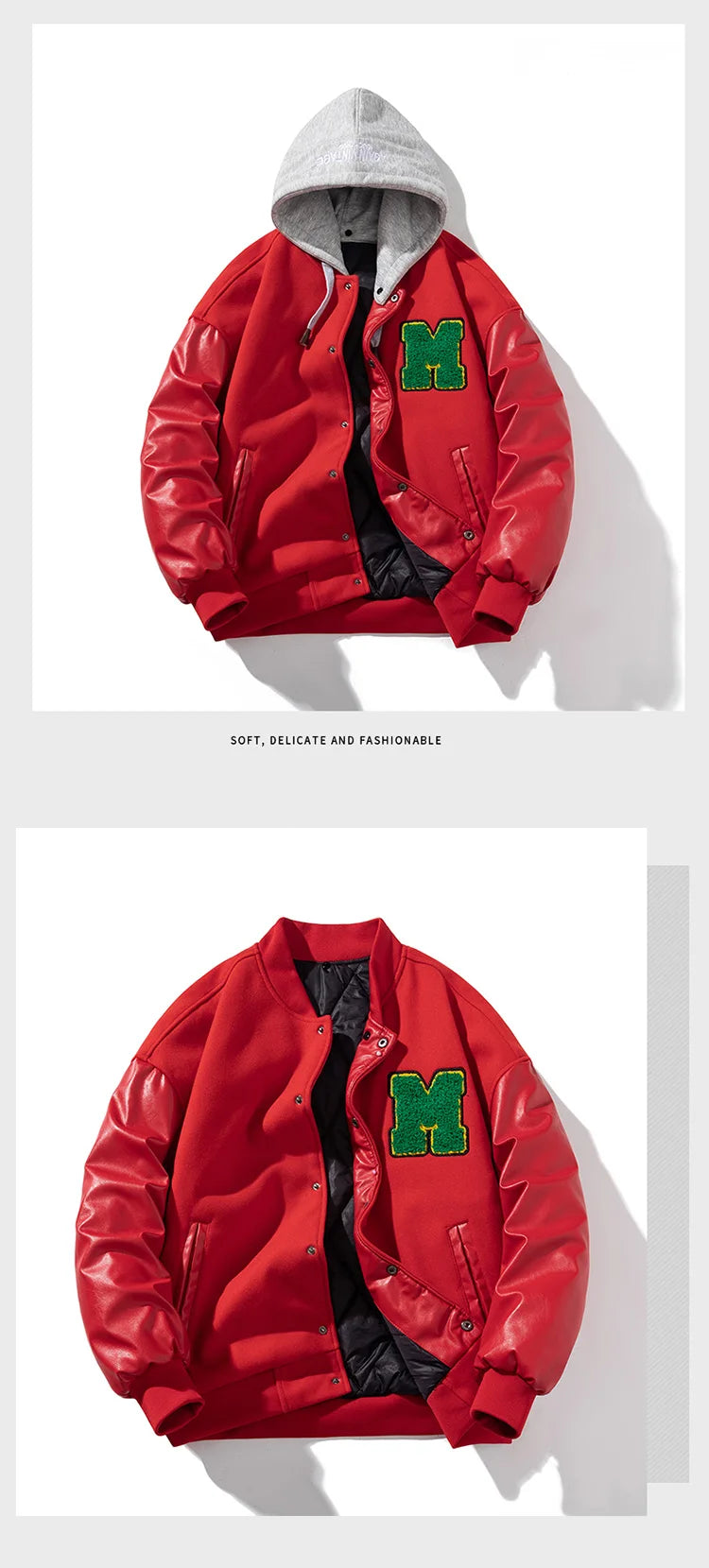 Men Varsity Jacket Winter Women Letter Fashion Baseball Jacket Leather Sleeve Motorcycle Coat Button College Warm Parkas Red