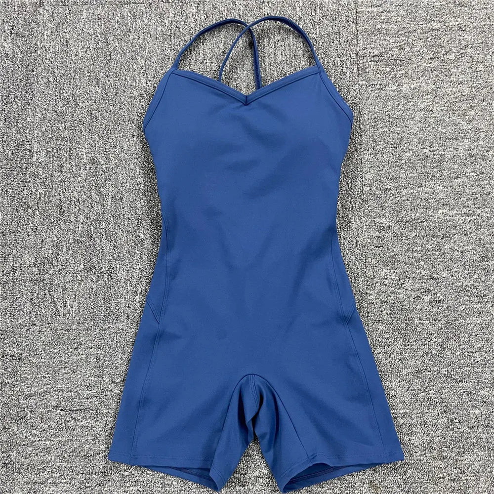 Backless Sports Woman 2023 Lycra Fitness Overalls One Piece Jumpsuit Shorts Sport Outfit Gym Workout Clothes for Women Sportwear