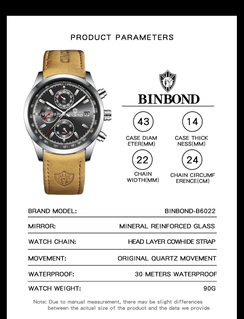 BINBOND Luxury Man Watch High Quality Waterproof Chronograph Luminous Men's Wristwatch Leather Men Quartz Watches Casual Clock