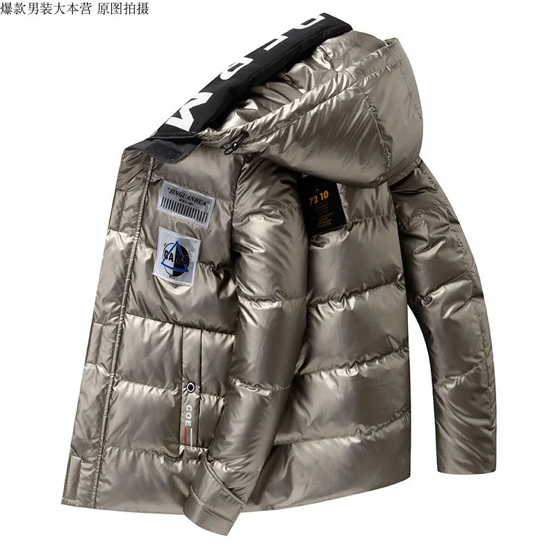 New Bright Leather Winter Men Jacket Casual Parka Outwear Waterproof Thicken Warm Stand Collar Outwear Coat