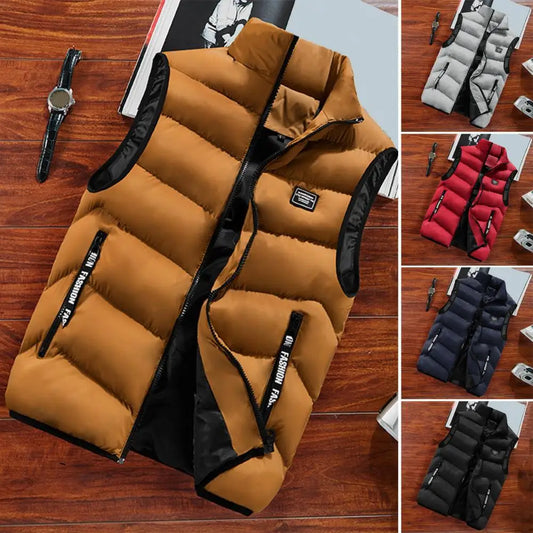 Men Quilted Vest Men's Winter Windproof Padded Vest with Stand Collar Zipper Closure Stylish Neck Protection Waistcoat for Cold