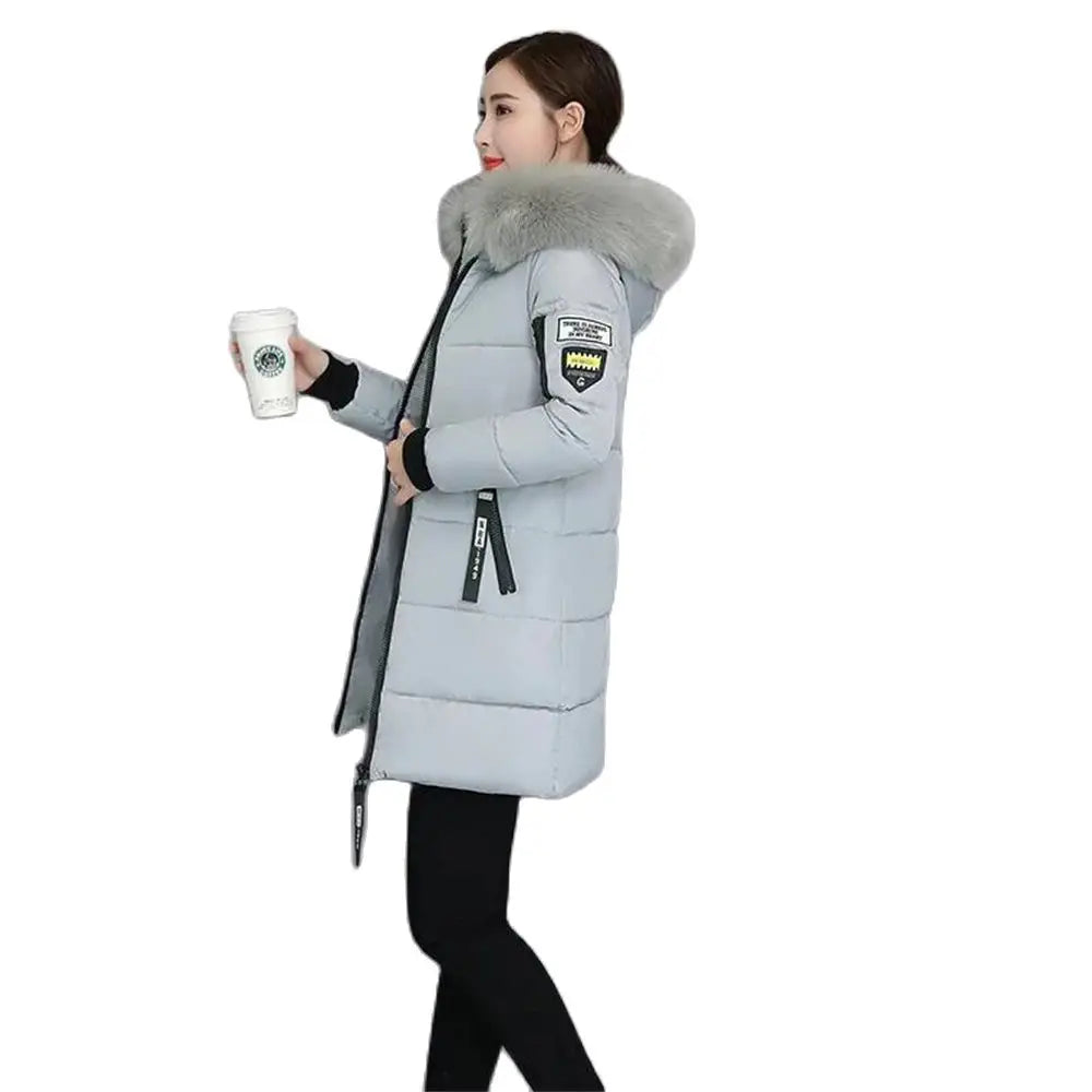 Winterjacke 2024 Koreanische Frauen Parka Große Pelzkragen Mit Kapuze Dicker Warmer Langer Weiblicher Mantel Lässige Outwear Daunenbaumwolljacke Parkas