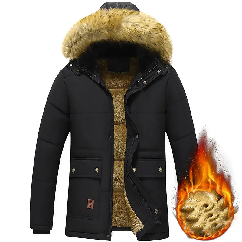 2024 New Men Winter Autumn Work Outwearing Parka Black Fleece Lined Thick Warm Hooded Fur Collar Coat Male Size 5XL Plush Jacket