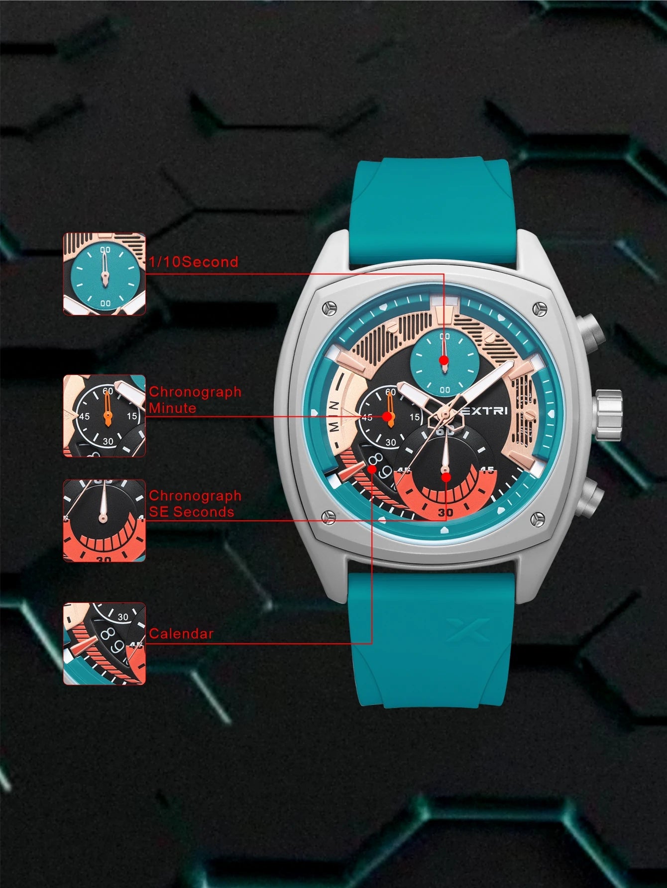 Extri Mens Watches Top Brand Grey Blue Quartz Watch Man Silicone Chronos Colorful Dress Summer Square Wrist Watches Waterproof