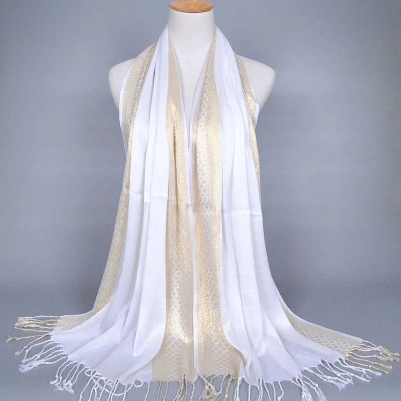 Fashion Gold Thread Tassel Shawl Wrap Shining Hijab Scarf Party Color Contrast Stoles Women Shimmer Scarves Hijab Pashmina