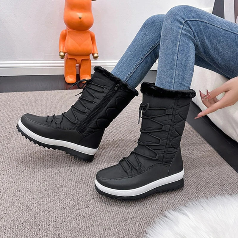 Winter Round Toe Flat Bottom Cross Strap Fashionable Women's Shoes Plus Velvet To Keep Warm New Snow Boots Chaussure Femme