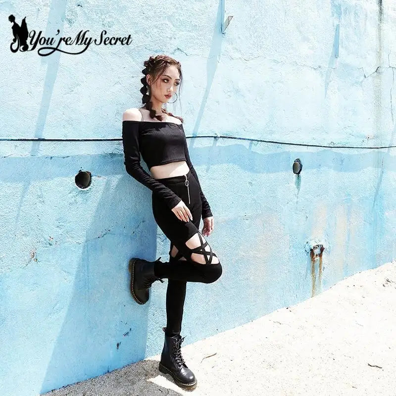 [You're My Secret] Hollow Out Pants Goth Sexy Pentagram Y2K Harajuku Grunge Black High Waist Elastic Trousers Punk Zipper Pants